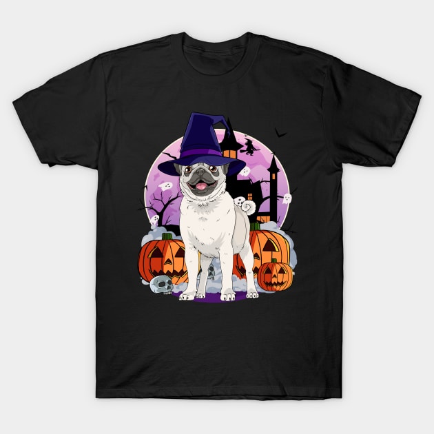 Pug Witch Halloween Pumpkin Ghost T-Shirt by Noseking